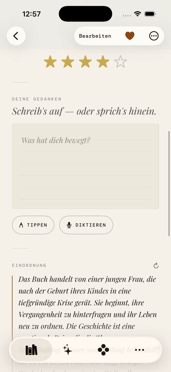 regal. Lesetagebuch — Bewertung, Schreib's auf oder sprich's hinein, Tippen oder Diktieren