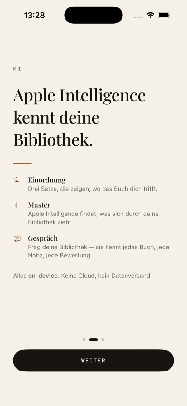 regal. Onboarding — Apple Intelligence kennt deine Bibliothek. Alles on-device, keine Cloud, kein Datenversand.
